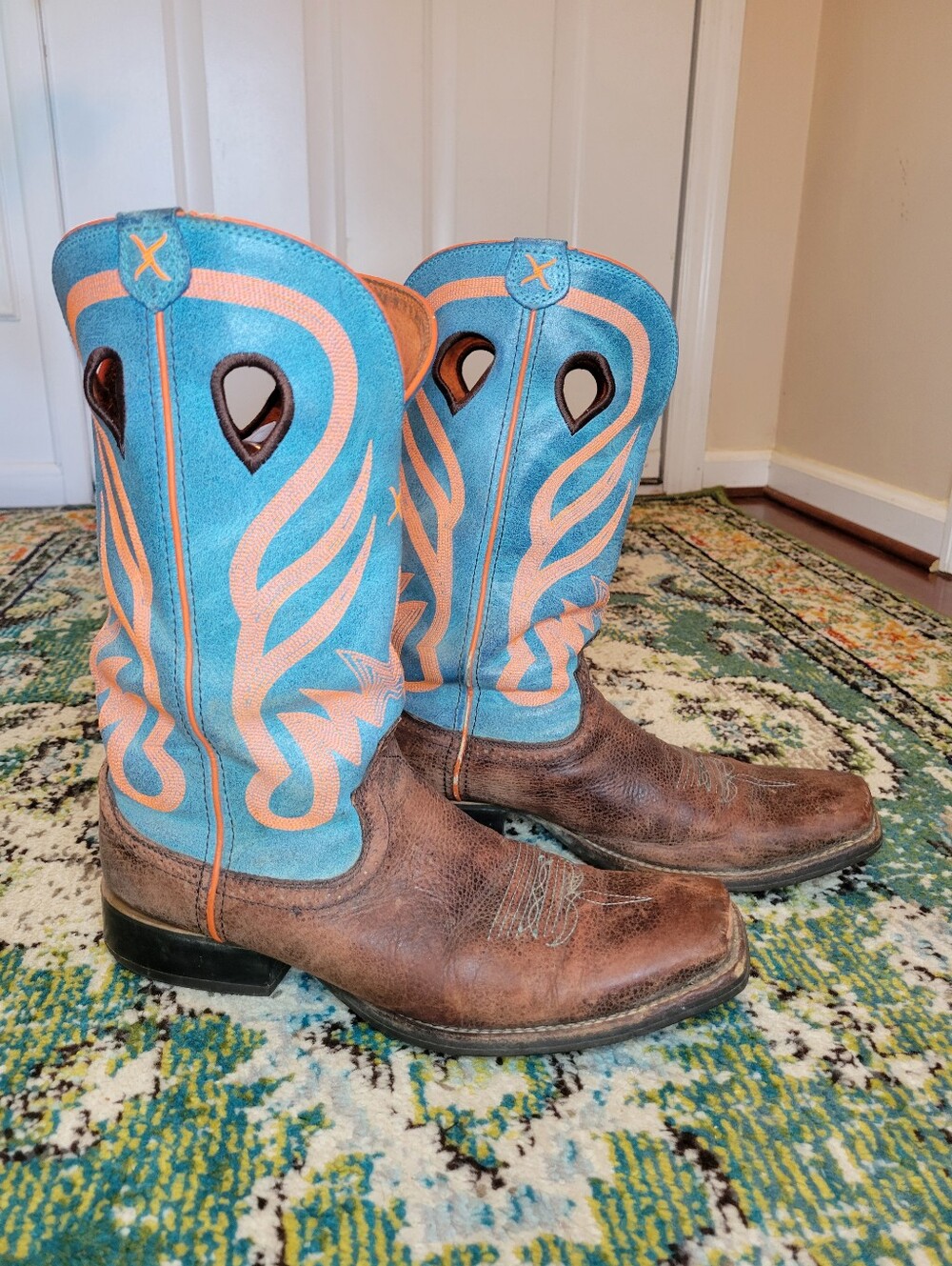 Twisted X Brown Leather & Turquoise Orange Stitching Western Boots